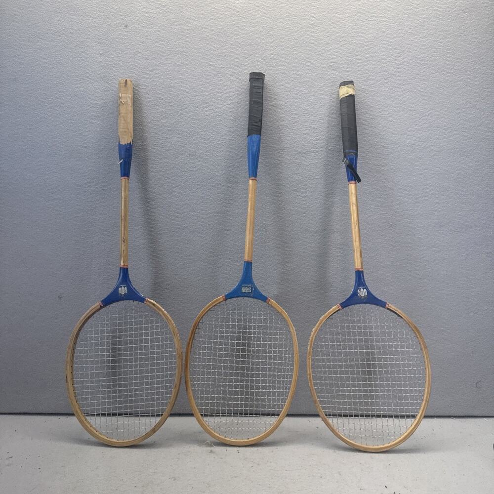 Lot of 3 Vintage Blue Ribbon Wood Badminton Rackets Mid Century MCM Decor